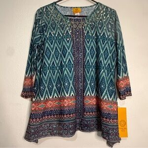 Ruby Rd. Teal and Coral Patterned Boho Tunic. Sz PM. NWT.